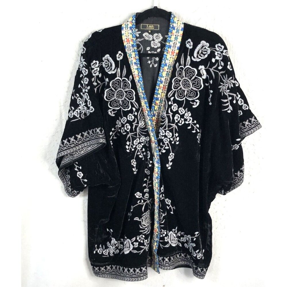 Velvet Cardigan Womens Medium Black Boho Art to Wear L&B Embroidered Statement - Picture 1 of 16